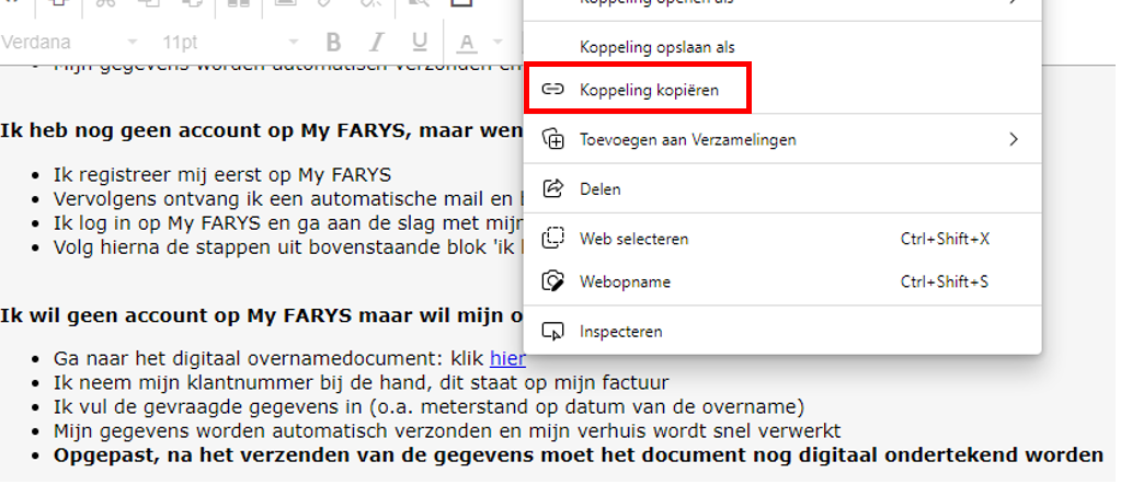 My FARYS verhuis link overname vervolledigen link kopieren