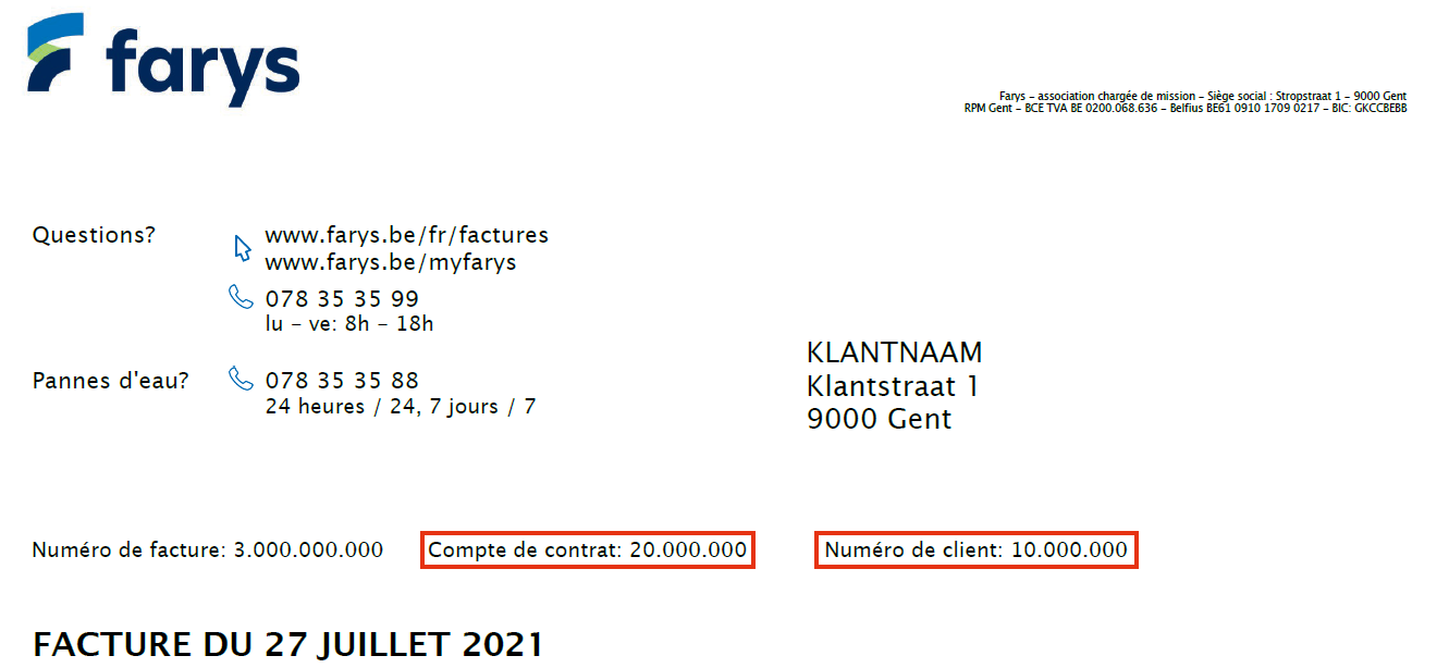 Numéro de client et numéro de compte de contrat