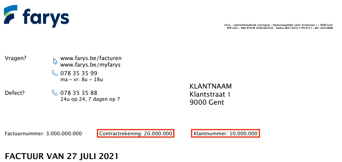 Klantnummer en contractrekeningnummer op factuur