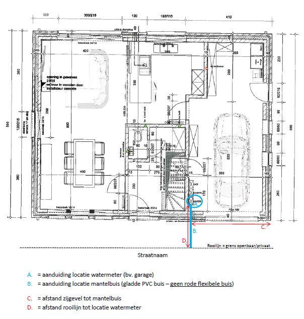 Voorbeeld plan met aanduiding watermeter en mantelbuis